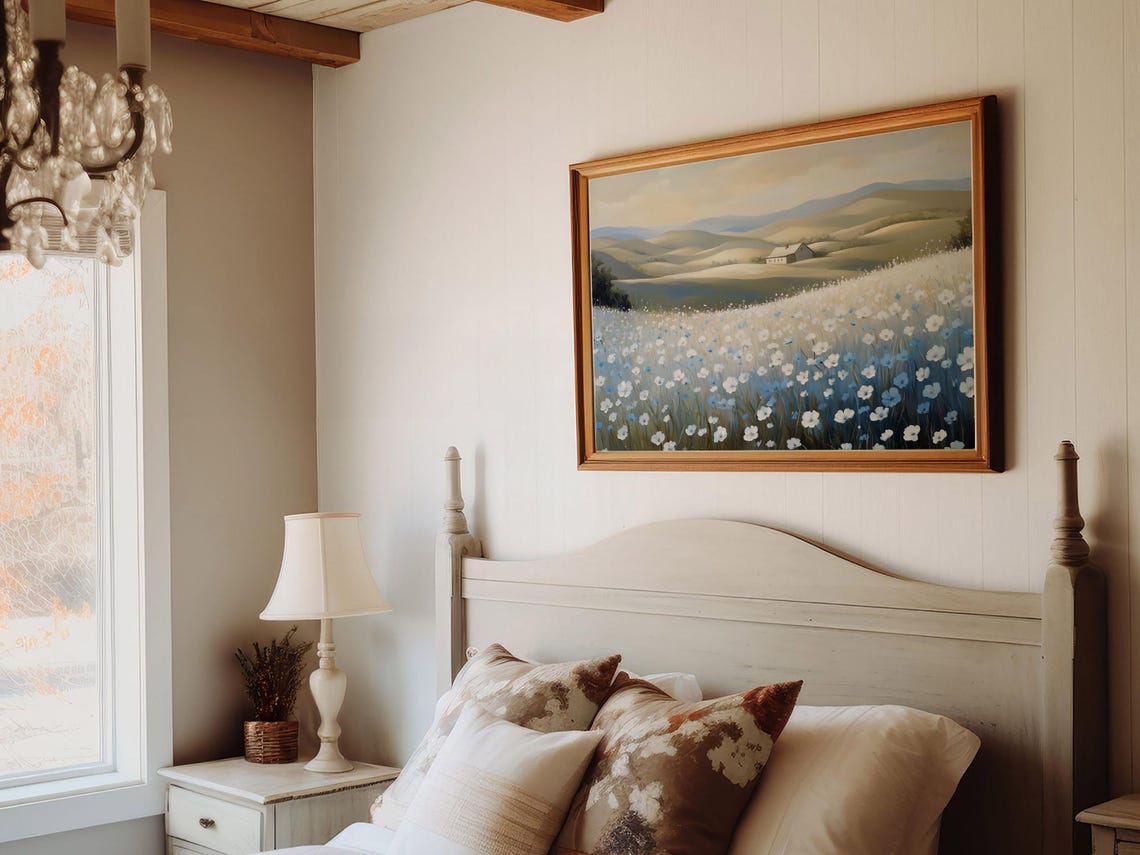 White Blue Wildflower Field Farmhouse Afternoon Light Art Print - Image 5
