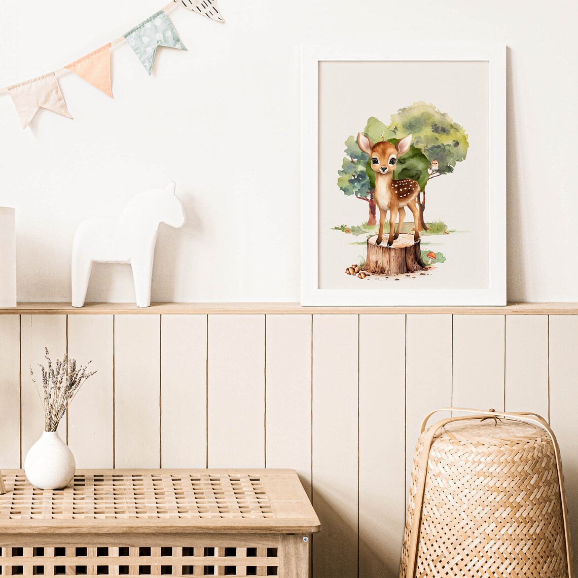 Spotted Baby Fawn Tree Stump Watercolor Woodland Nursery Poster - Image 8