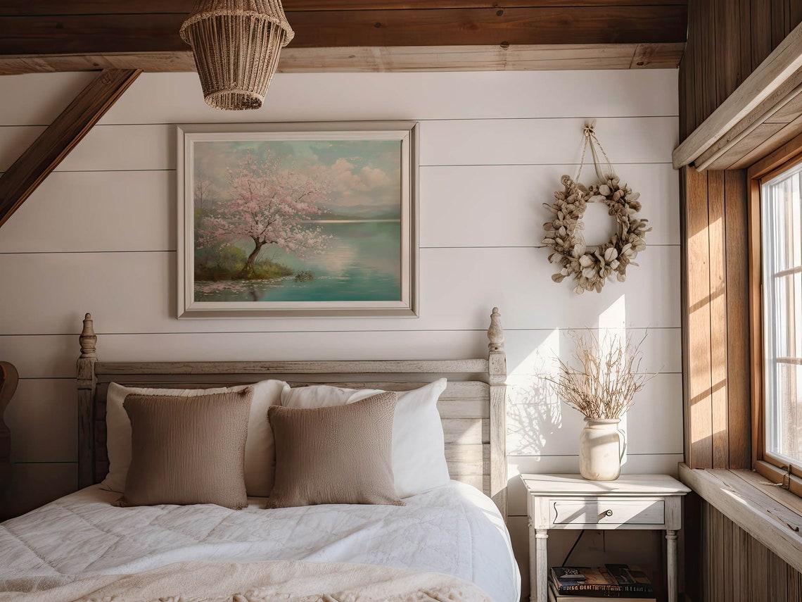 Cherry Blossom Tree By Calm Turquoise Lake Spring Reflection Poster - Image 8