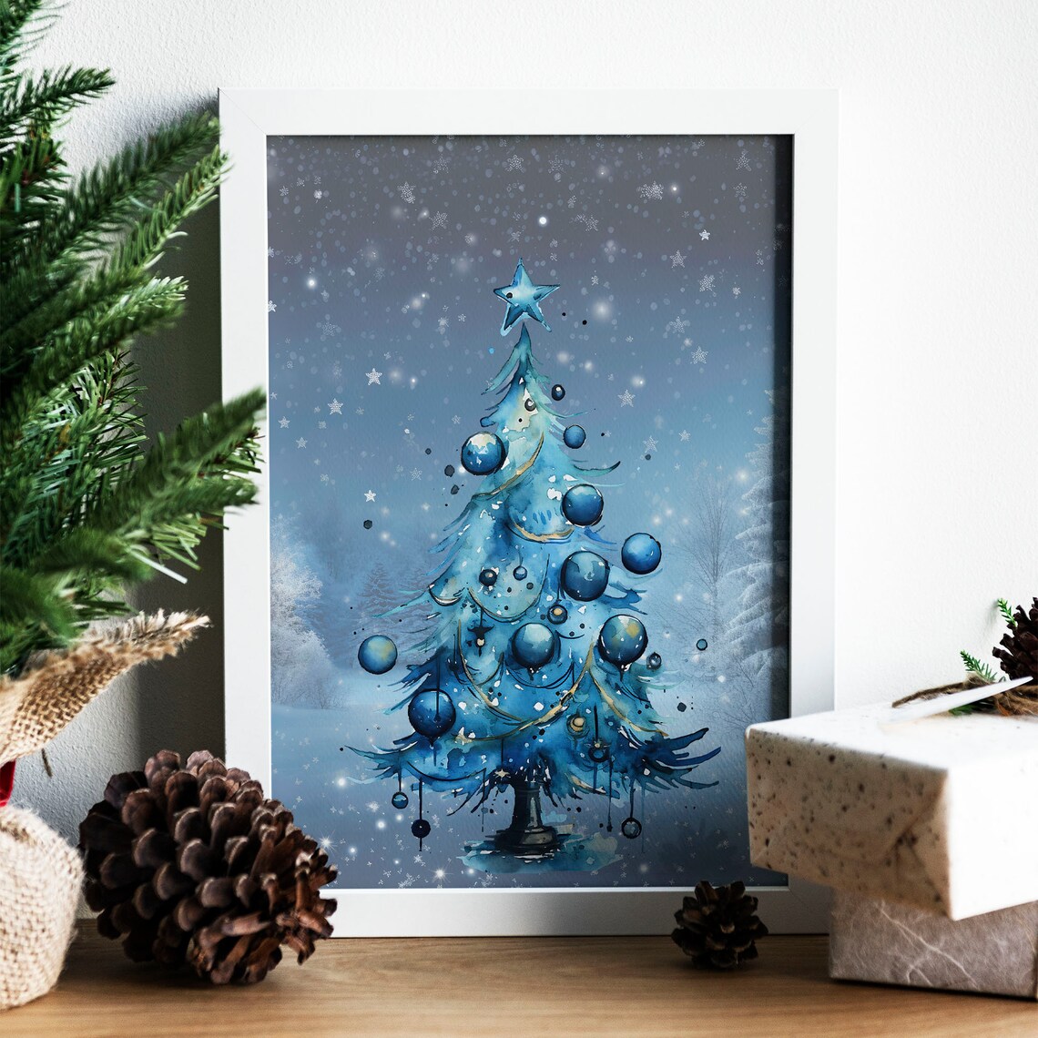 Blue Watercolor Christmas Tree Starry Snowy Night Holiday Poster - Image 8