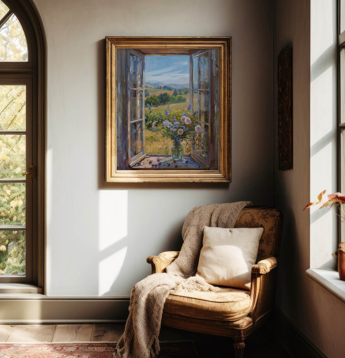 Wildflower Vase On Open Windowsill Over Vineyard Hillside View Poster - Image 4