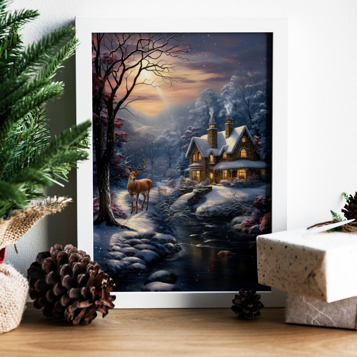 Stag By Moonlit River Near Lit Stone Cottage Winter Night Poster - Image 8