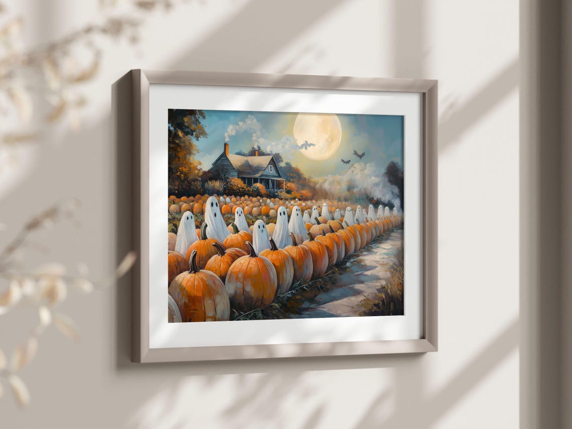 Cute Sheet Ghosts Pumpkin Patch Farmhouse Halloween Art Print - Image 2