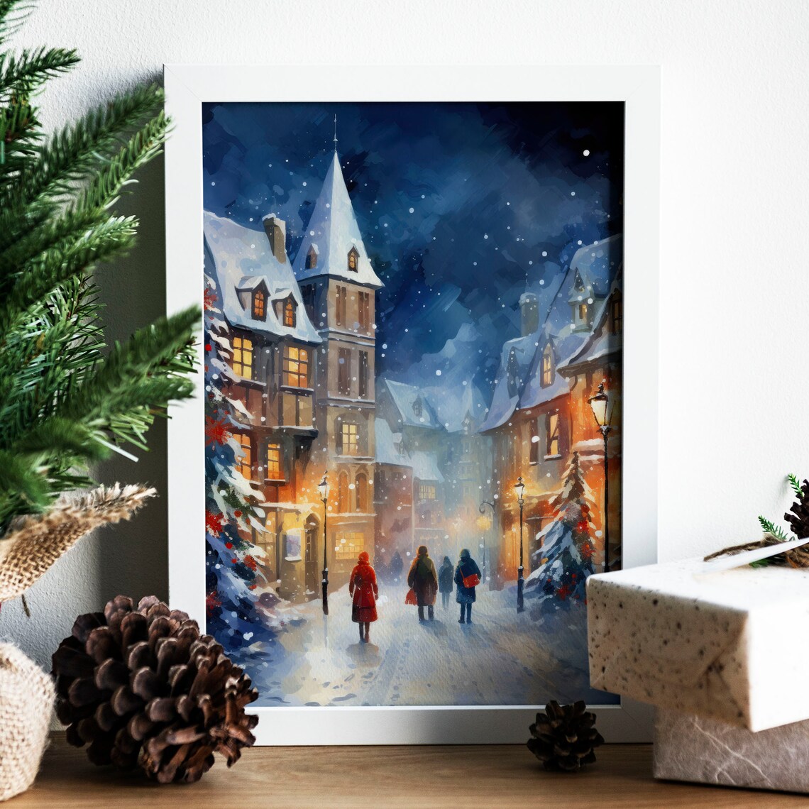 Snowy Christmas Street Church Tower Night Watercolor Art Print - Image 5