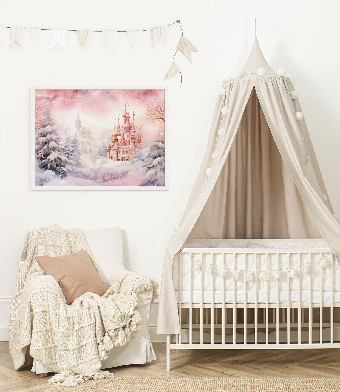 Pink Watercolor Castle Snowy Winter Forest Christmas Art Poster - Image 2