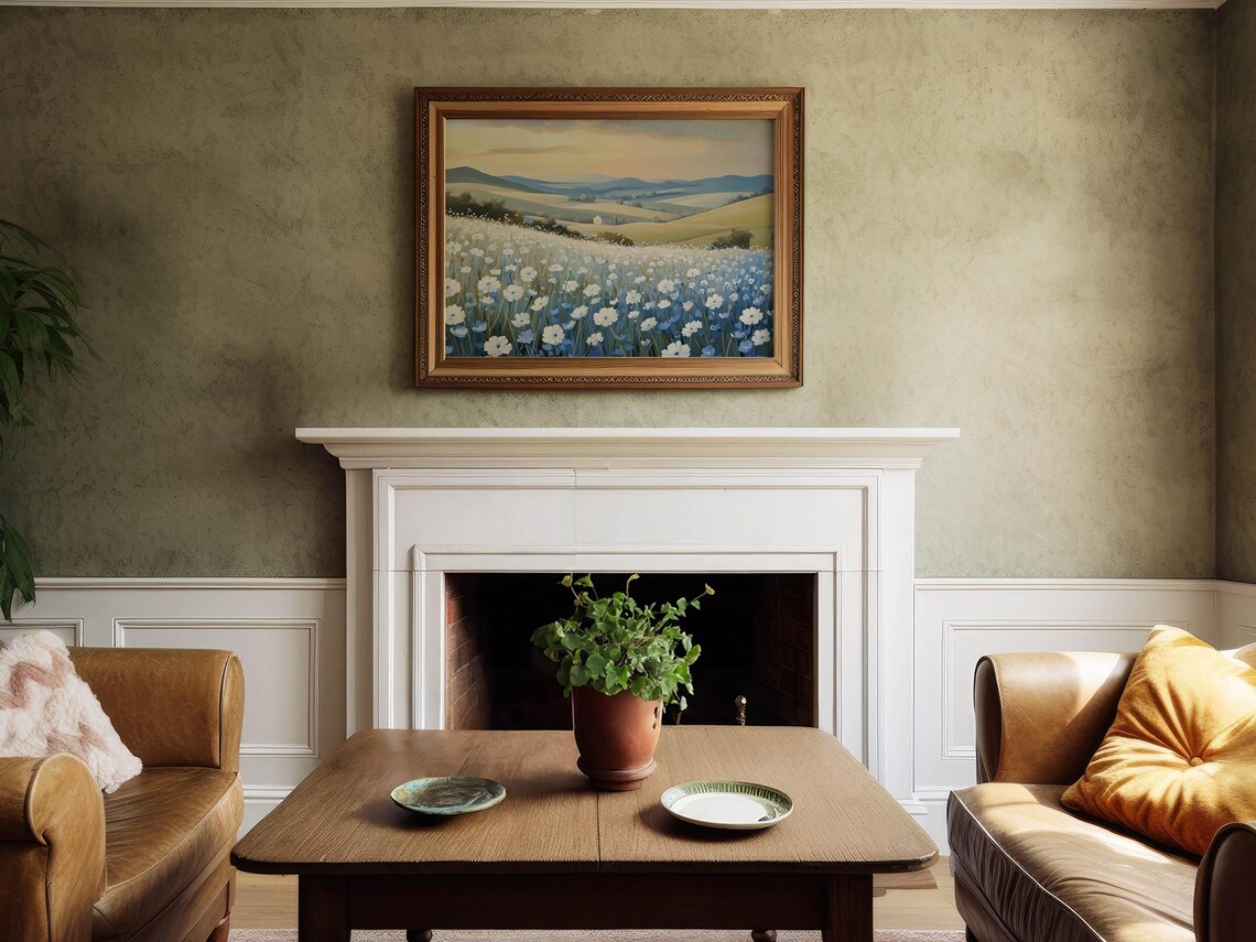 Blue and White Wildflower Meadow Sunset Hillside Country Art Print - Image 2