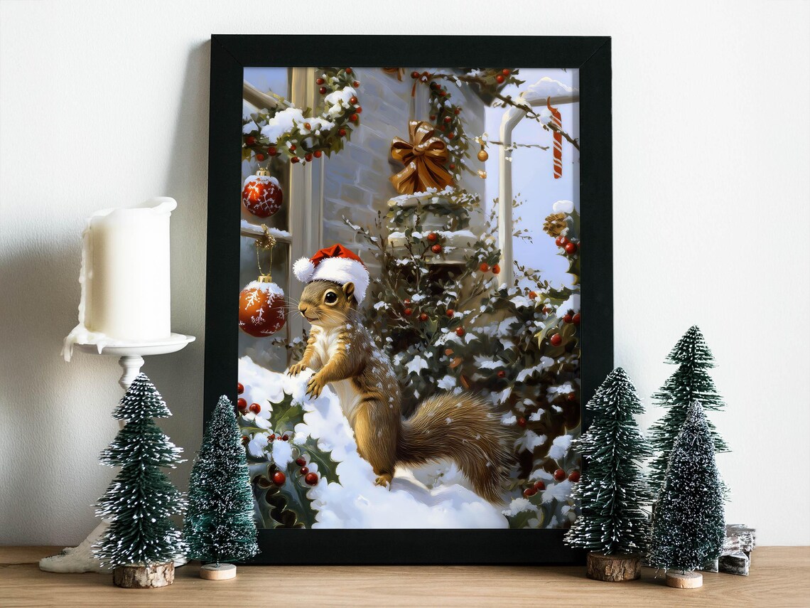 Squirrel Wearing Santa Hat Snowy Christmas Ornaments Vintage Poster - Image 6