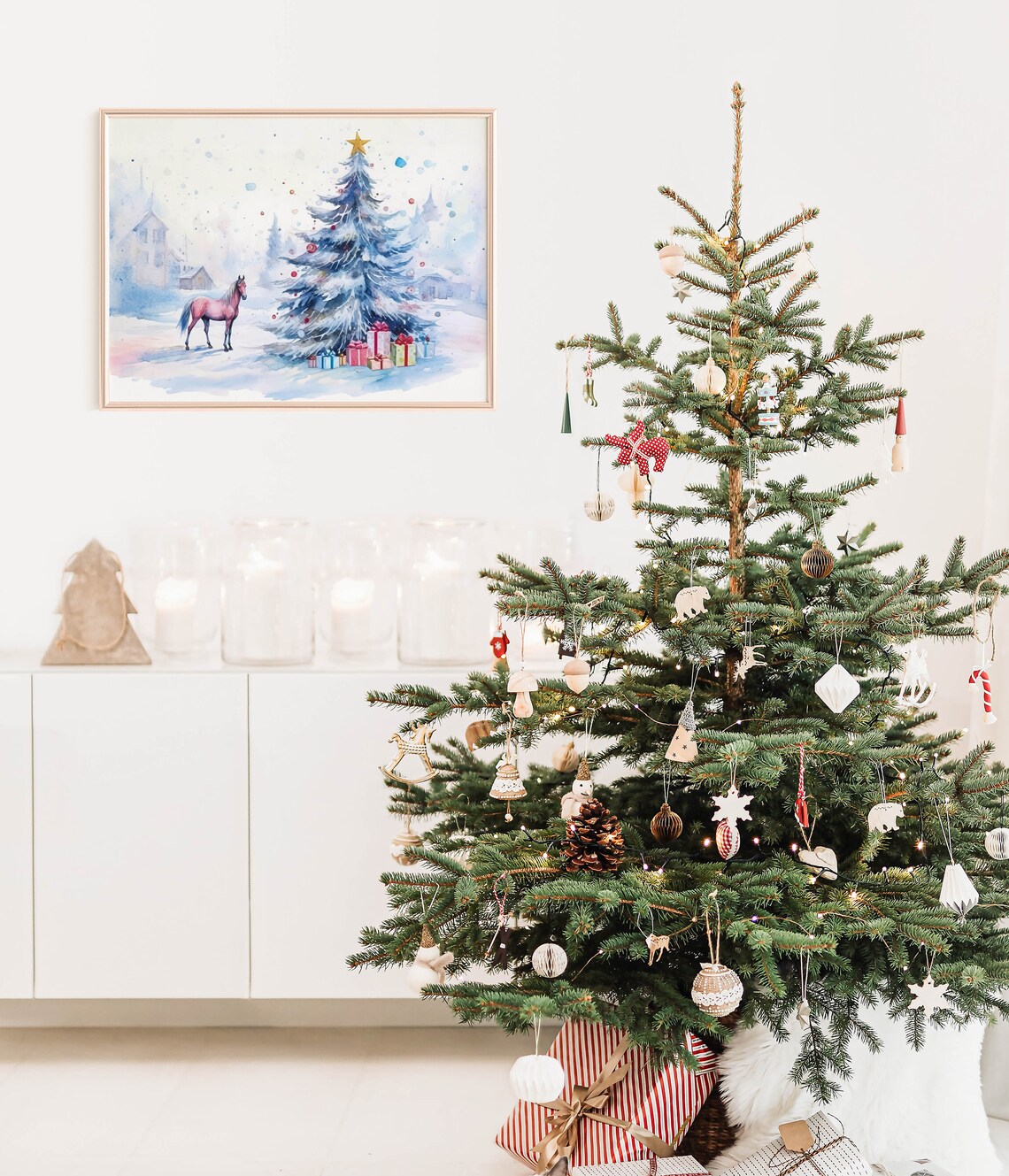 Blue Christmas Tree Pink Horse Gifts Watercolor Holiday Art Print - Image 2