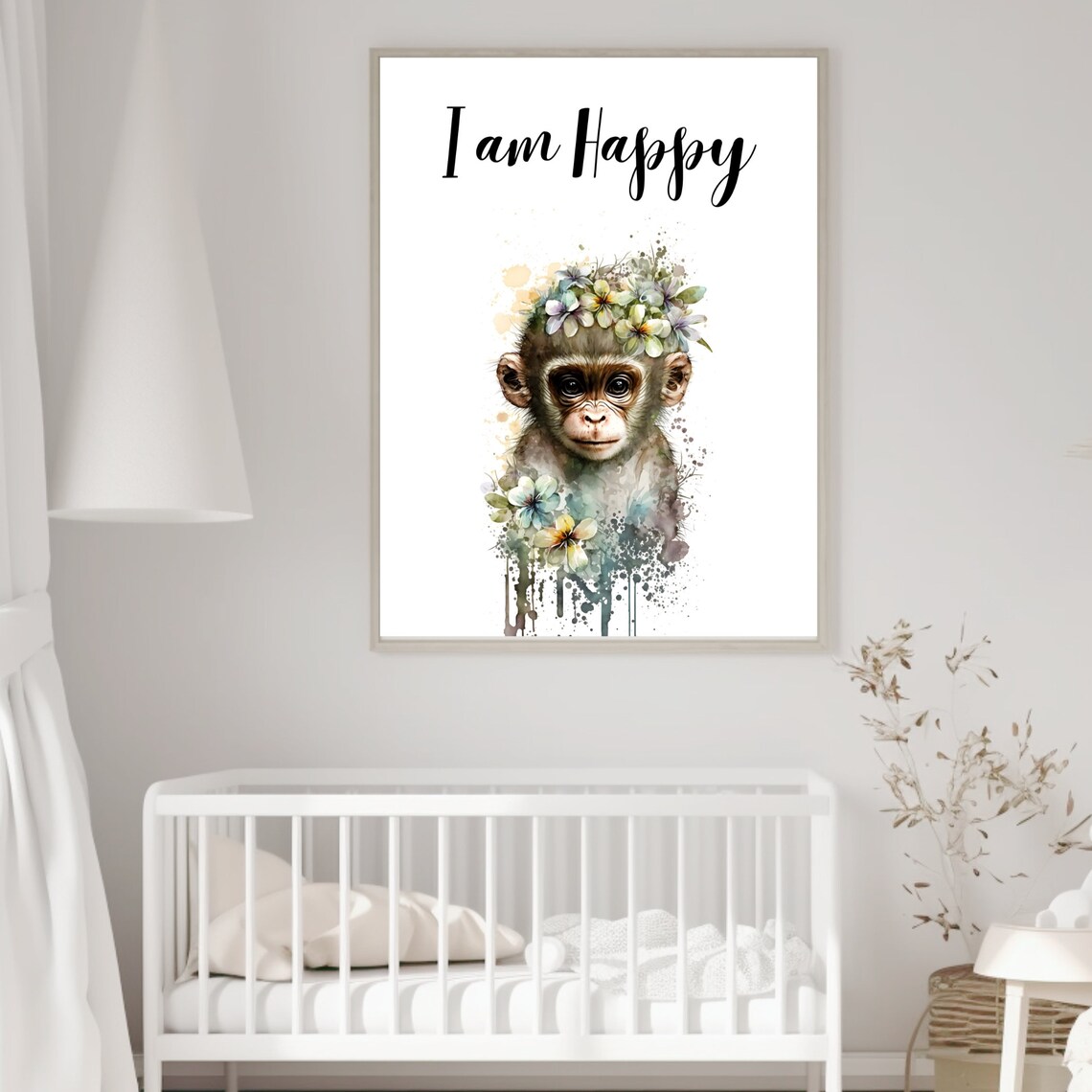 I Am Happy Monkey Watercolor Flower Crown Nursery Kids Poster - Image 7