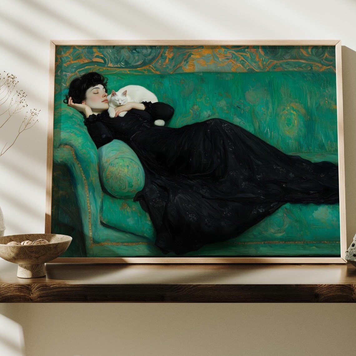 Woman in Black Dress with White Cat on Teal Sofa Goth Art Poster - Image 4