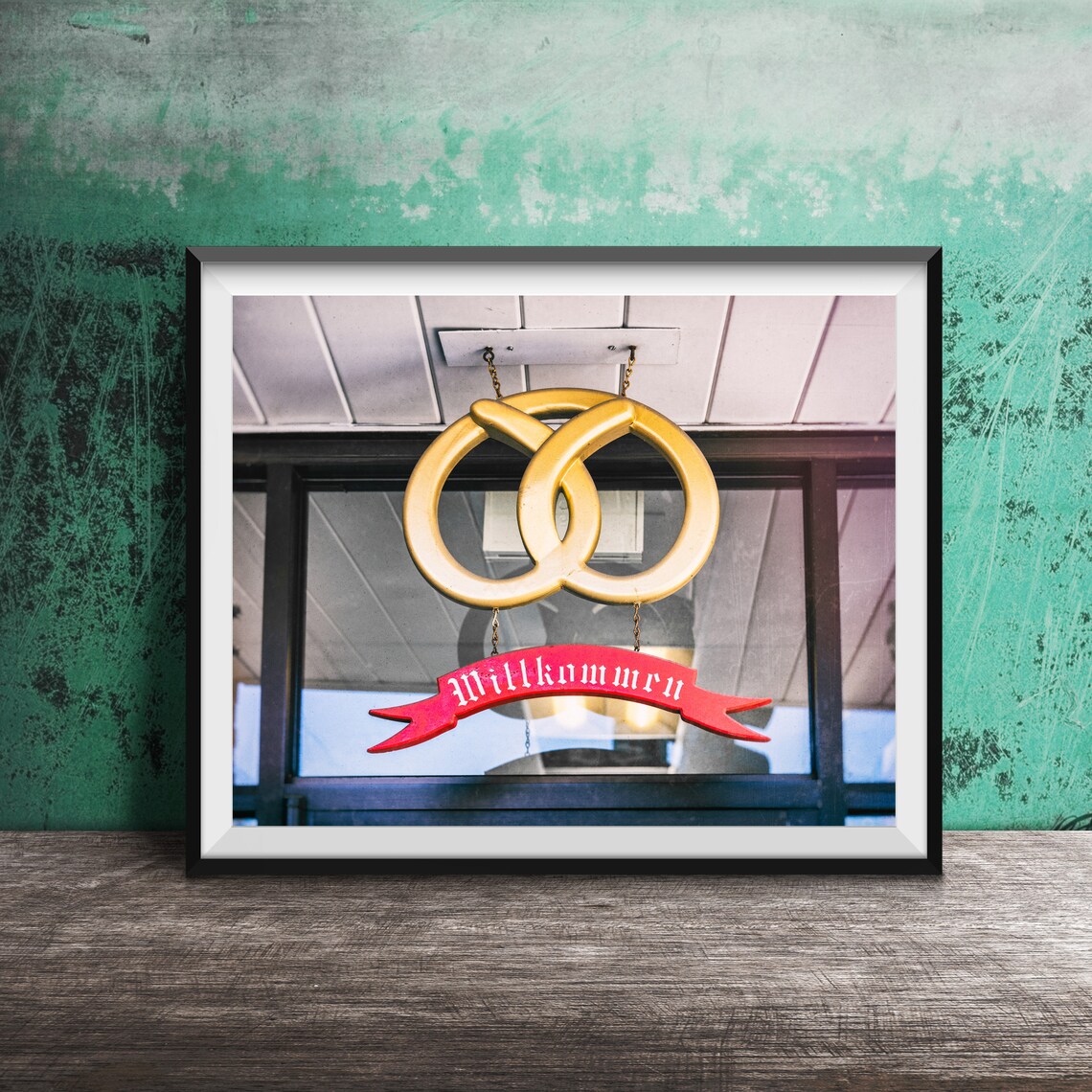 Golden Pretzel Willkommen Sign at German Bakery Photography Poster