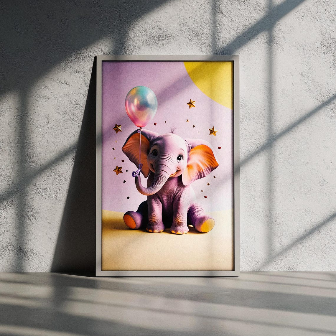 Baby Elephant Holding Rainbow Balloon Under Starry Nursery Poster