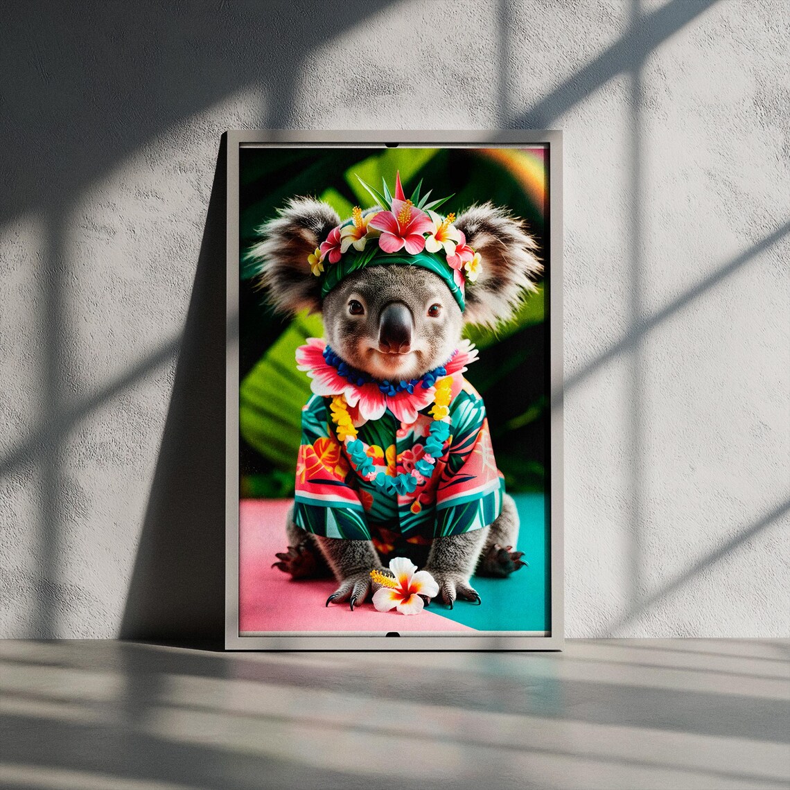 Baby Koala in Hawaiian Floral Outfit Tropical Nursery Poster