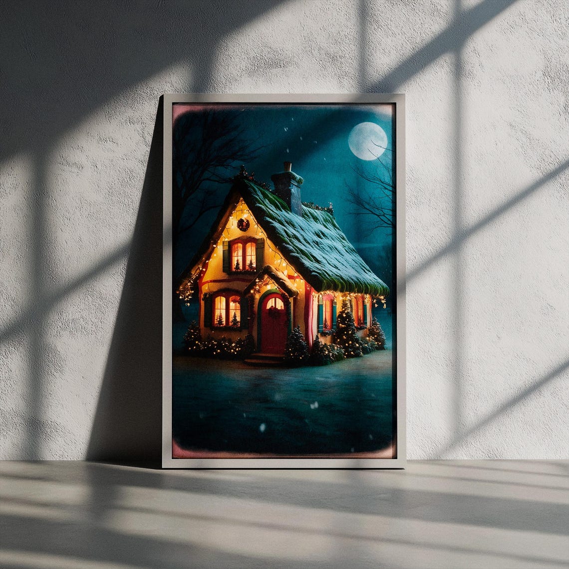 Cozy Snowy Christmas Cottage Under Moon Vintage Winter Night Poster