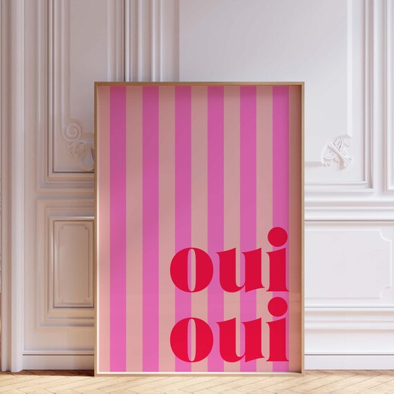 Oui Poster French Quote Print Pink Stripe Dorm Decor For Collage Girls Wall Art Feminine Bold
