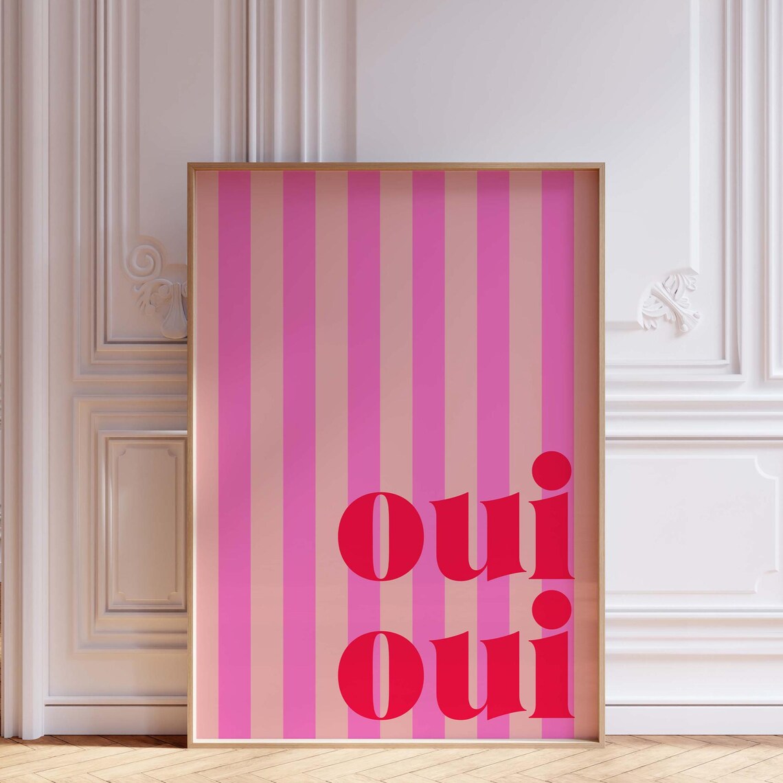 Oui Oui French Quote Pink Vertical Striped Typography Art Poster