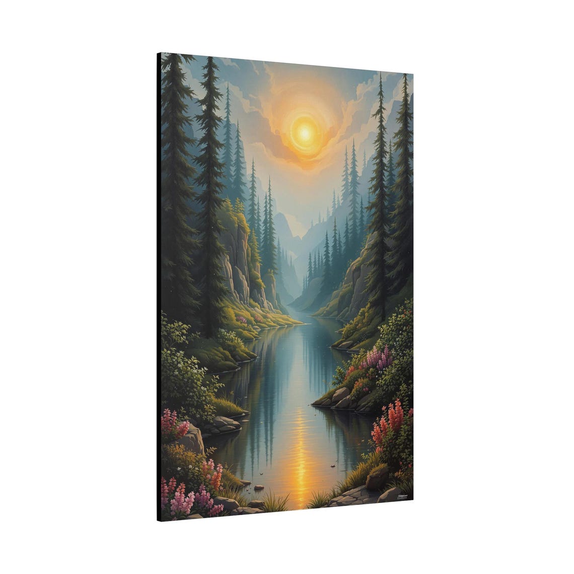 Sunlit Pine Forest River Gorge Wildflowers Dawn Dreamscape Art Print - Image 2