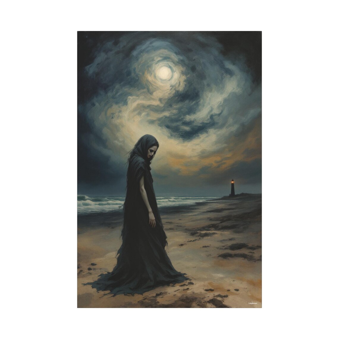 Hooded Figure On A Stormy Moonlit Beach With A Distant Lighthouse Poster - Image 3