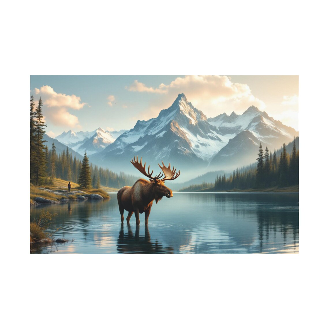 Bull Moose Standing In A Mountain Lake Beneath Snow Capped Peaks Poster - Image 3