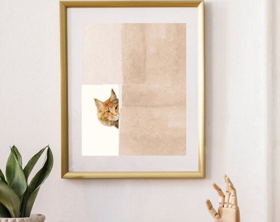 Ginger Cat Peeking From Behind Paper Funny Cute Cat Wall Art