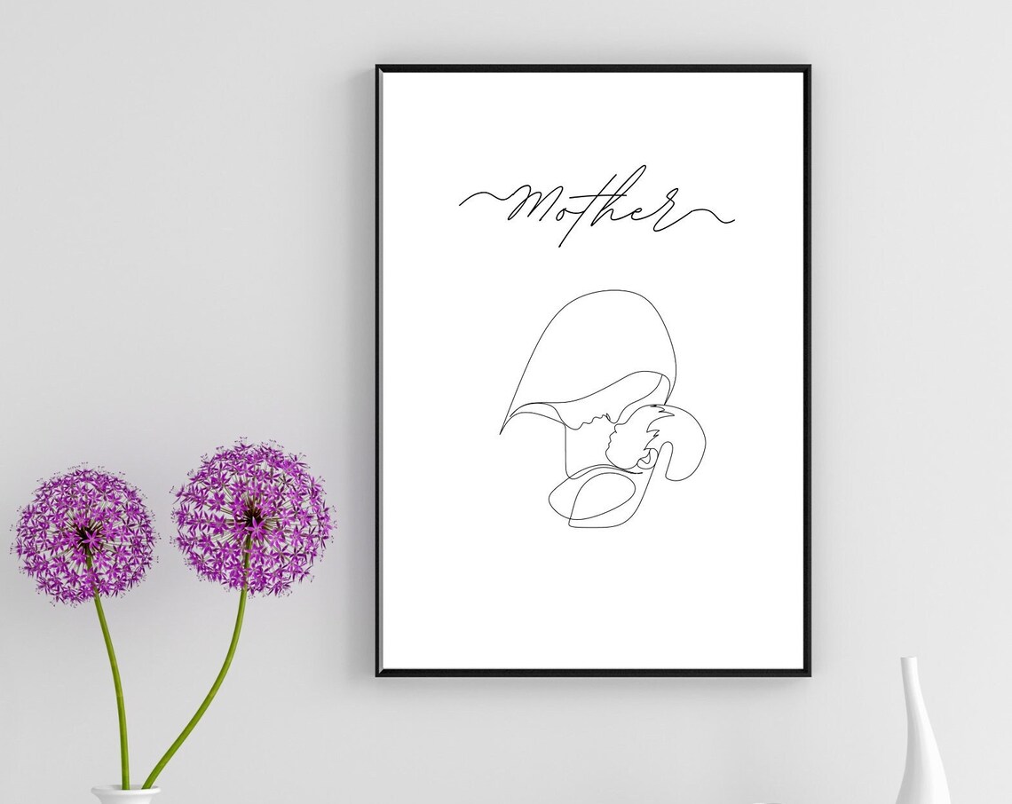 Mother One Line Art Mother Kissing Child Minimalist Love Poster