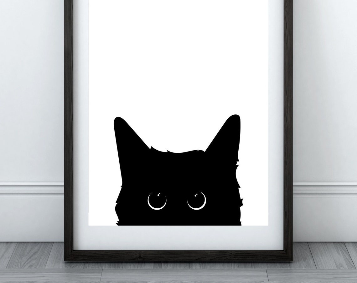 Peeking Black Cat Wide White Eyes Funny Minimalist Cat Poster