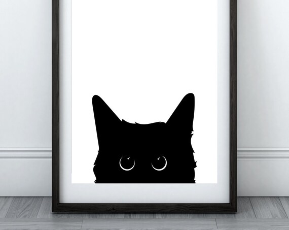 Peeking Black Cat Wide White Eyes Funny Minimalist Cat Poster