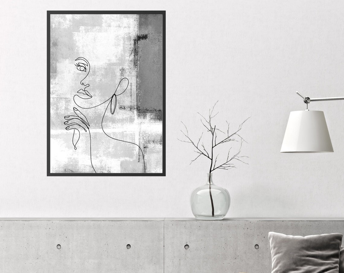 Elegant Woman Profile Line Art Grey Abstract Minimalist Poster