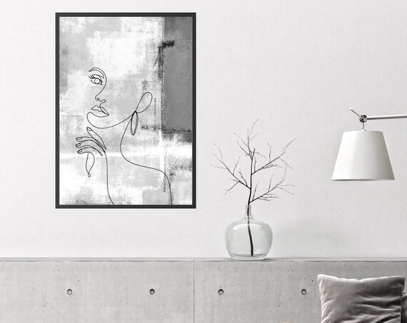 Elegant Woman Profile Line Art Grey Abstract Minimalist Poster
