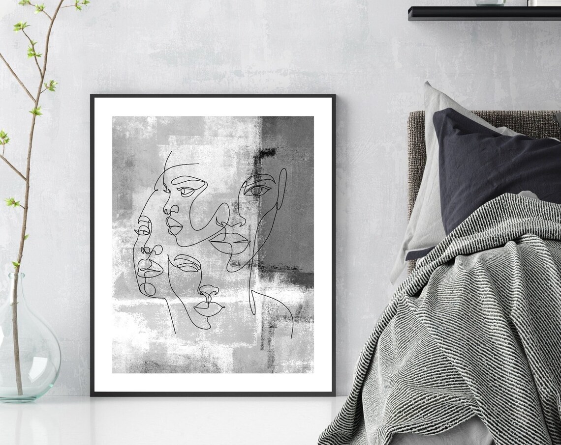 Abstract Grey Watercolor Women Faces Line Art Feminine Poster