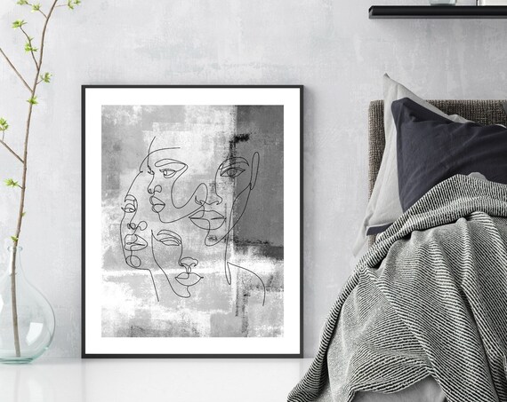 Abstract Grey Watercolor Women Faces Line Art Feminine Poster