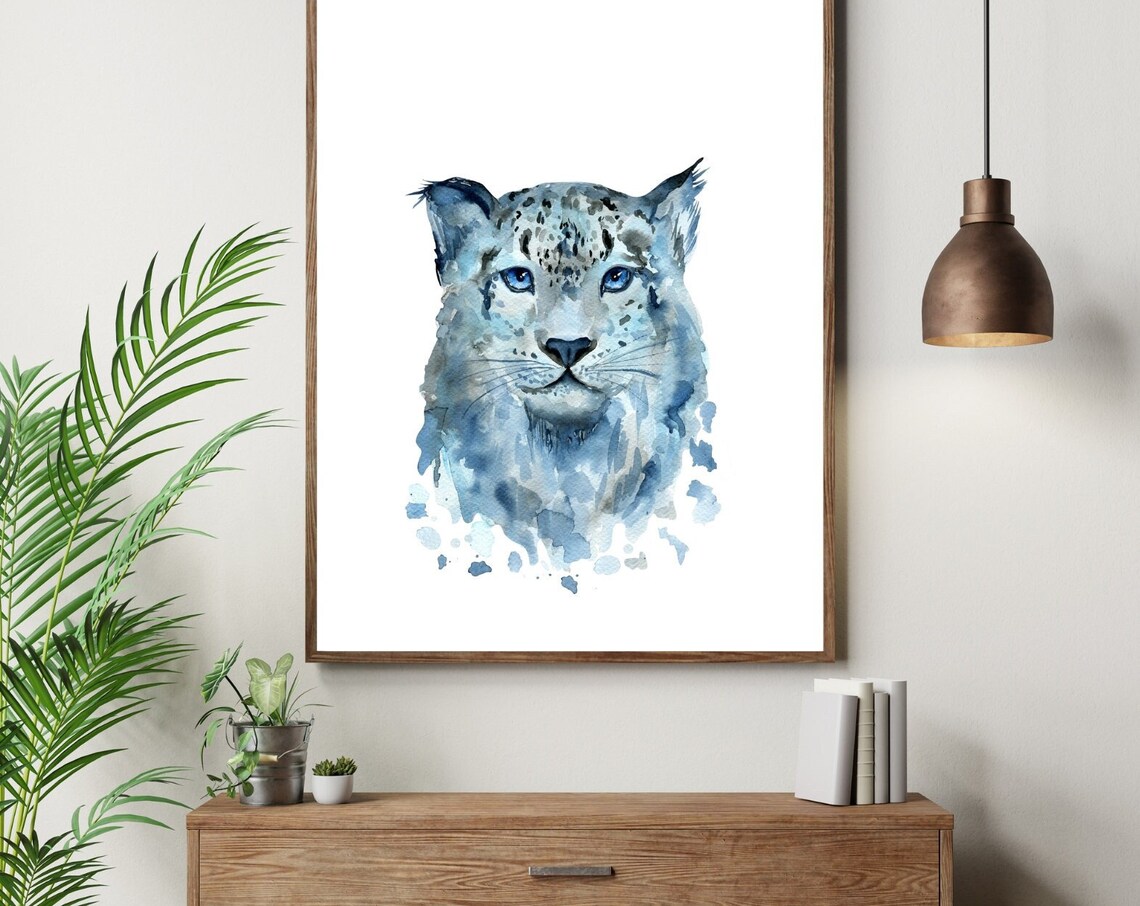 Blue Watercolor Snow Leopard Portrait Wild Cat Animal Art Poster