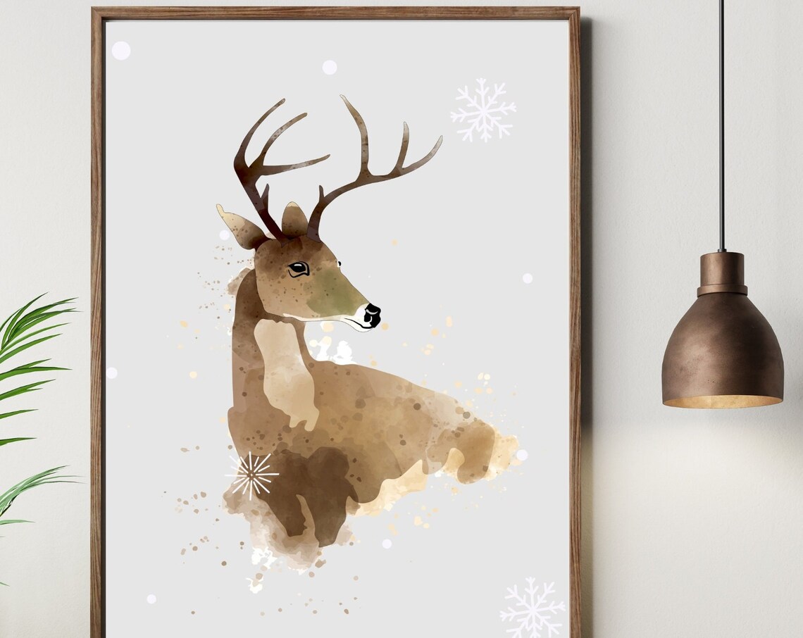 Watercolor Reindeer with Snowflakes Christmas Winter Animal Poster