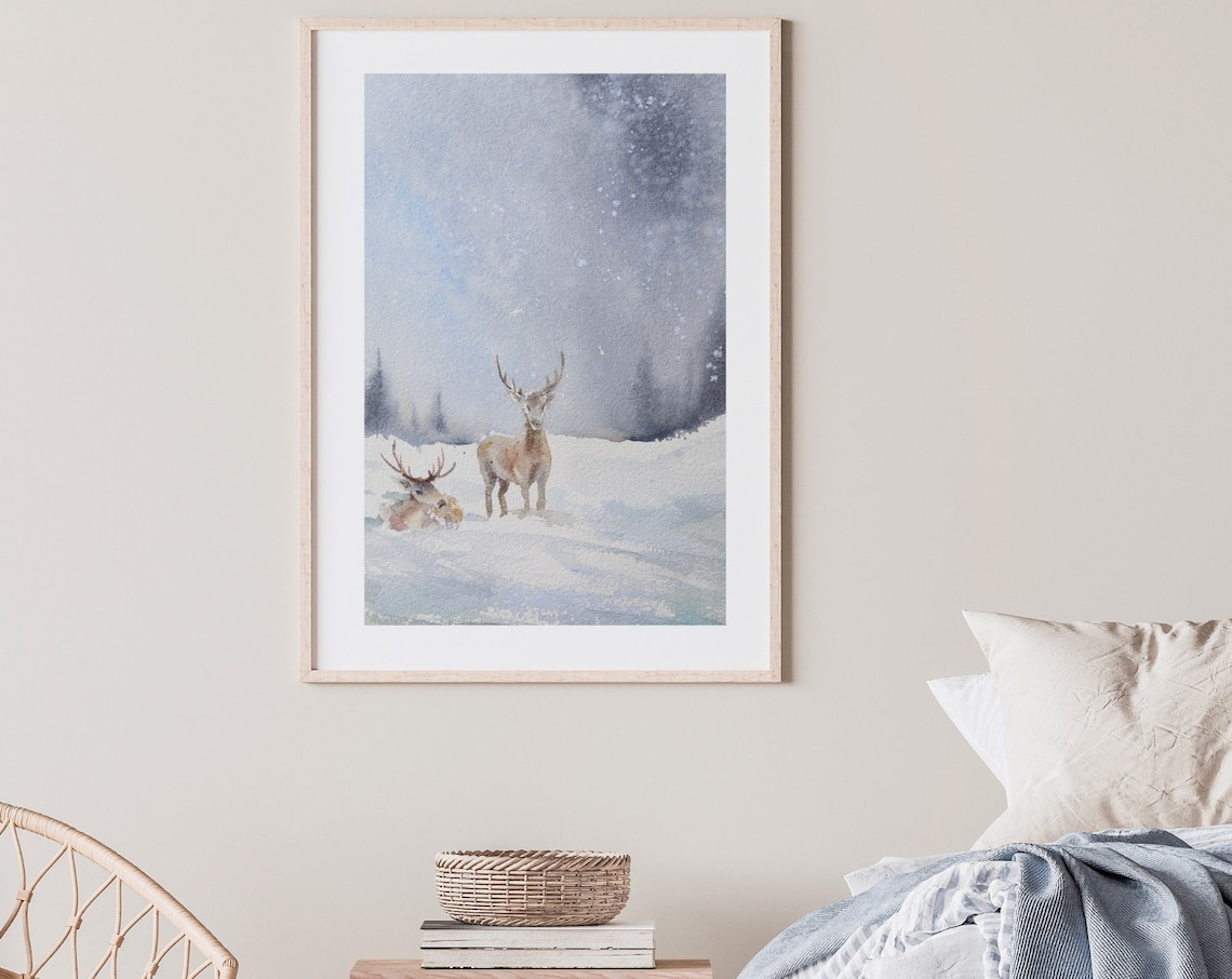 Two Deer in Snowy Winter Forest Watercolor Wildlife Animal Poster