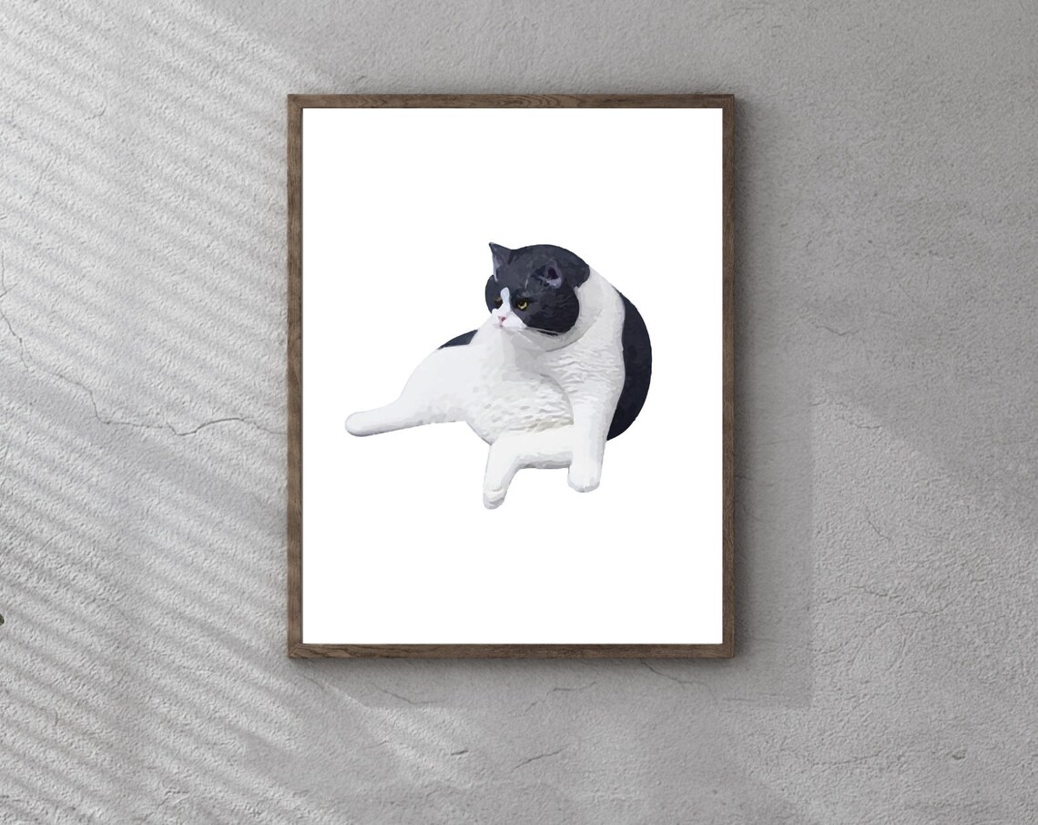 Chubby Black and White Cat Funny Digital Animal Illustration Poster