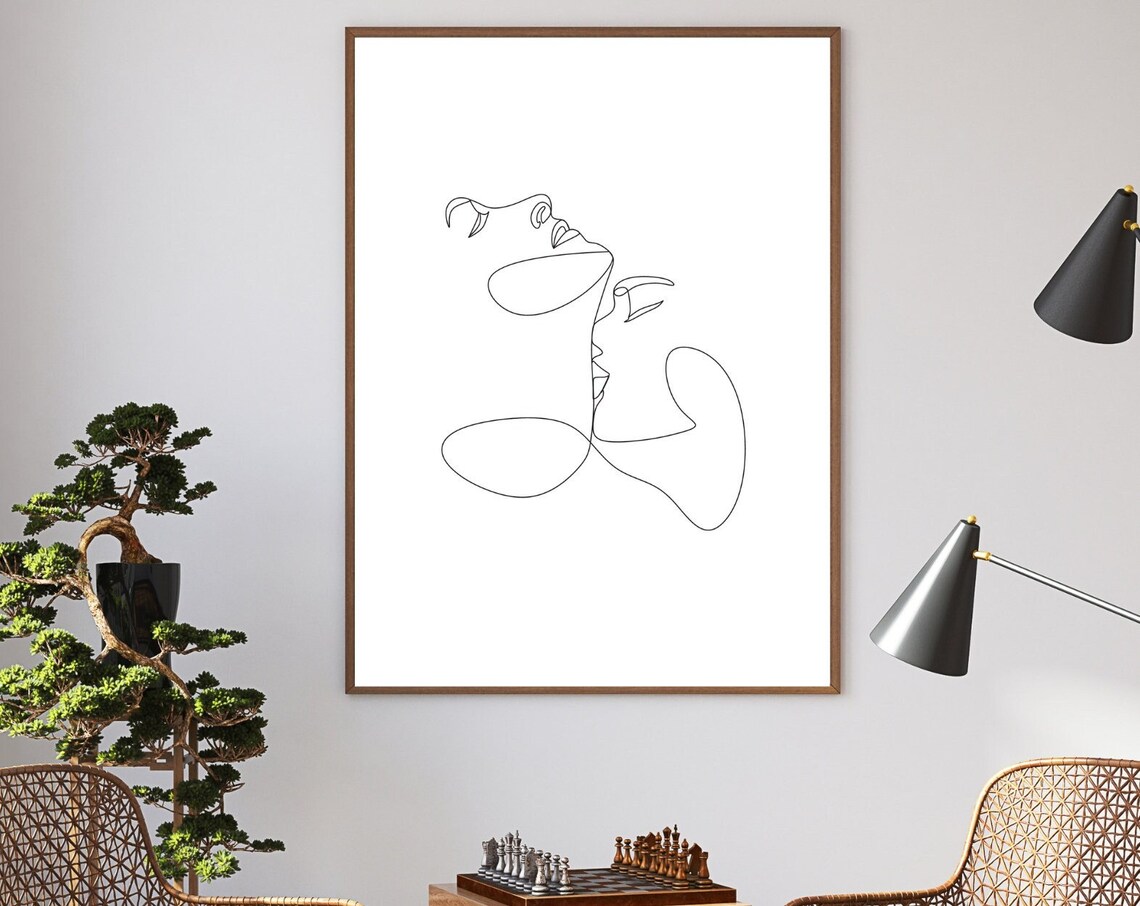 Kissing Couple Continuous Line Art Minimalist Lovers Face Poster