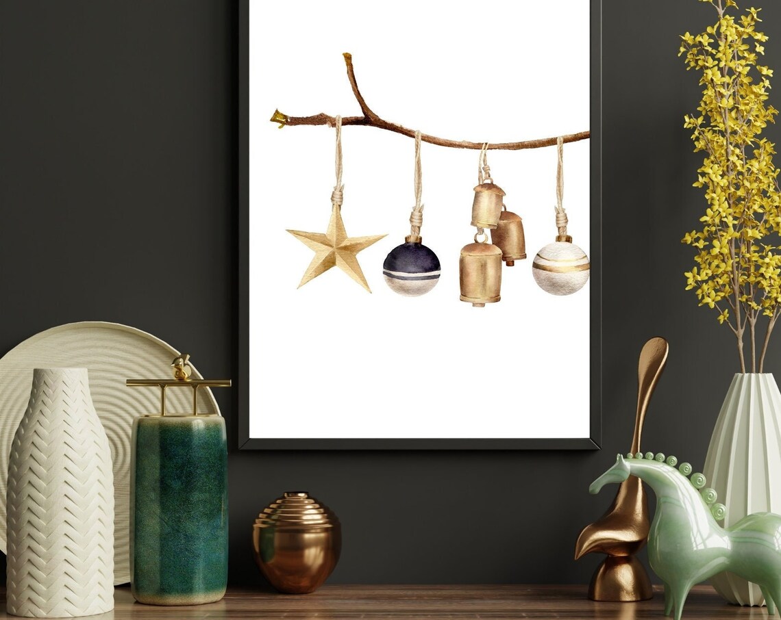 Watercolor Christmas Ornaments Hanging Branch Holiday Poster