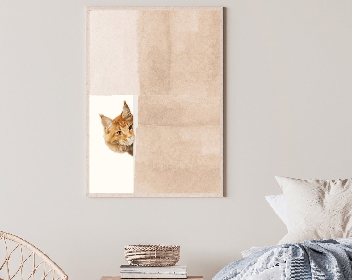 Ginger Cat Peeking From Behind Paper Funny Cute Cat Wall Art - Image 4