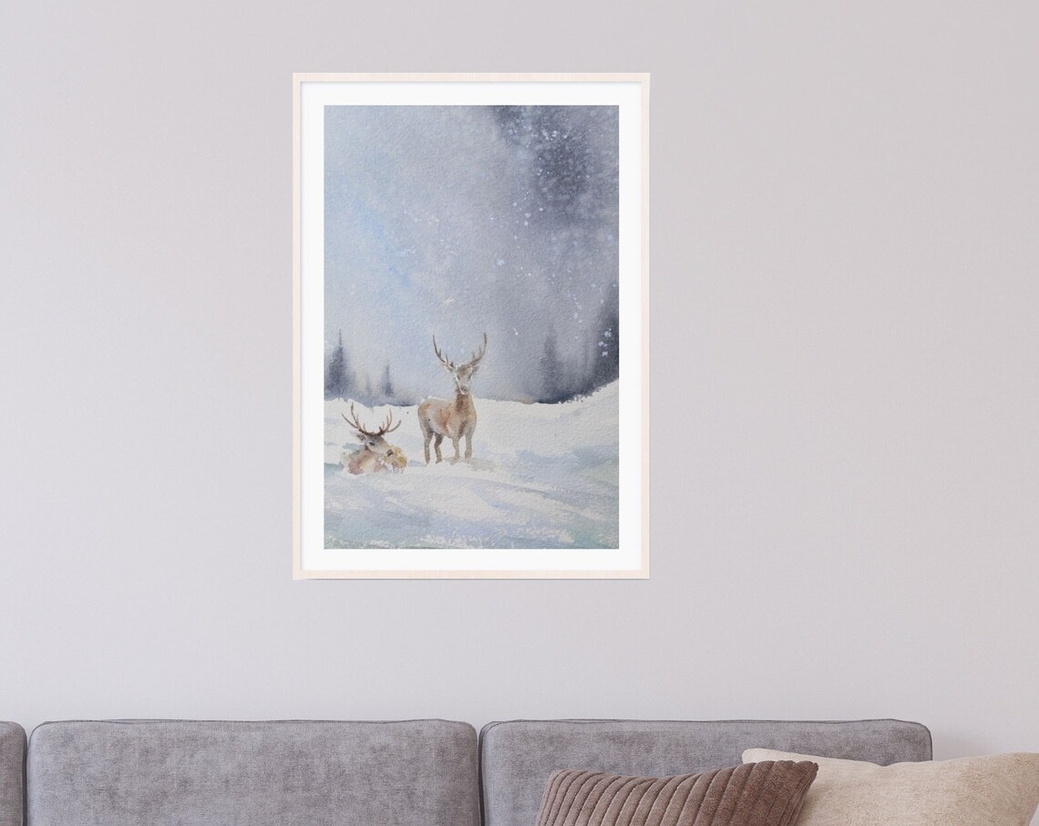 Two Deer in Snowy Winter Forest Watercolor Wildlife Animal Poster - Image 3