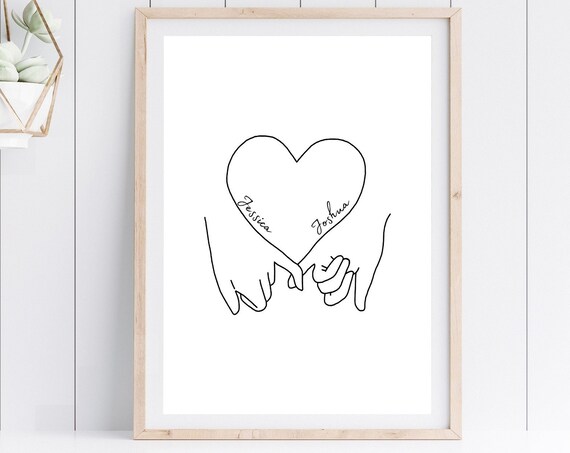 Personalized Line Heart And Hands Print Cute And Cozy Art Minimalistic Heart Love Wall Art Custom Art