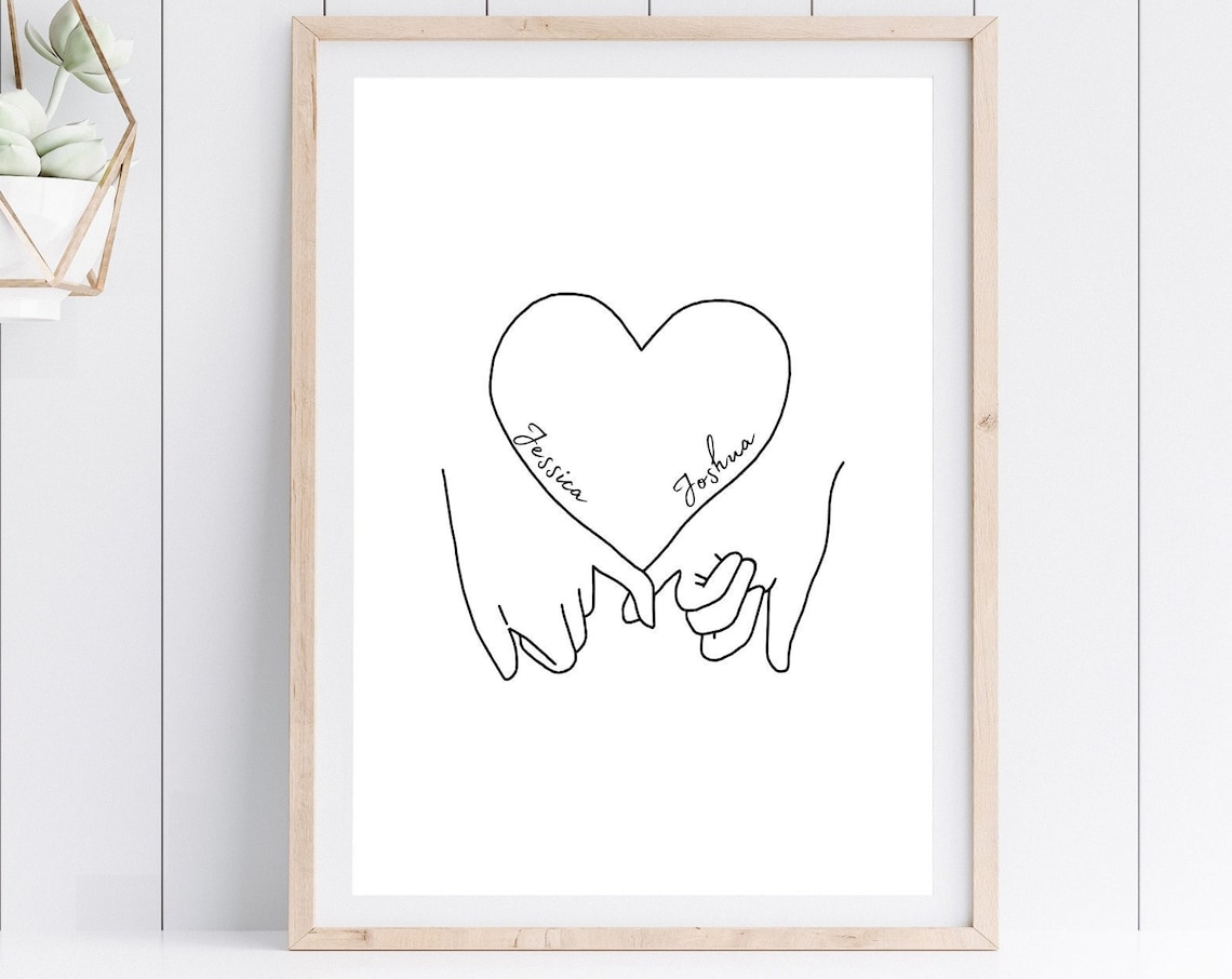 Personalized Line Heart And Hands Print Cute And Cozy Art Minimalistic Heart Love Wall Art Custom Art