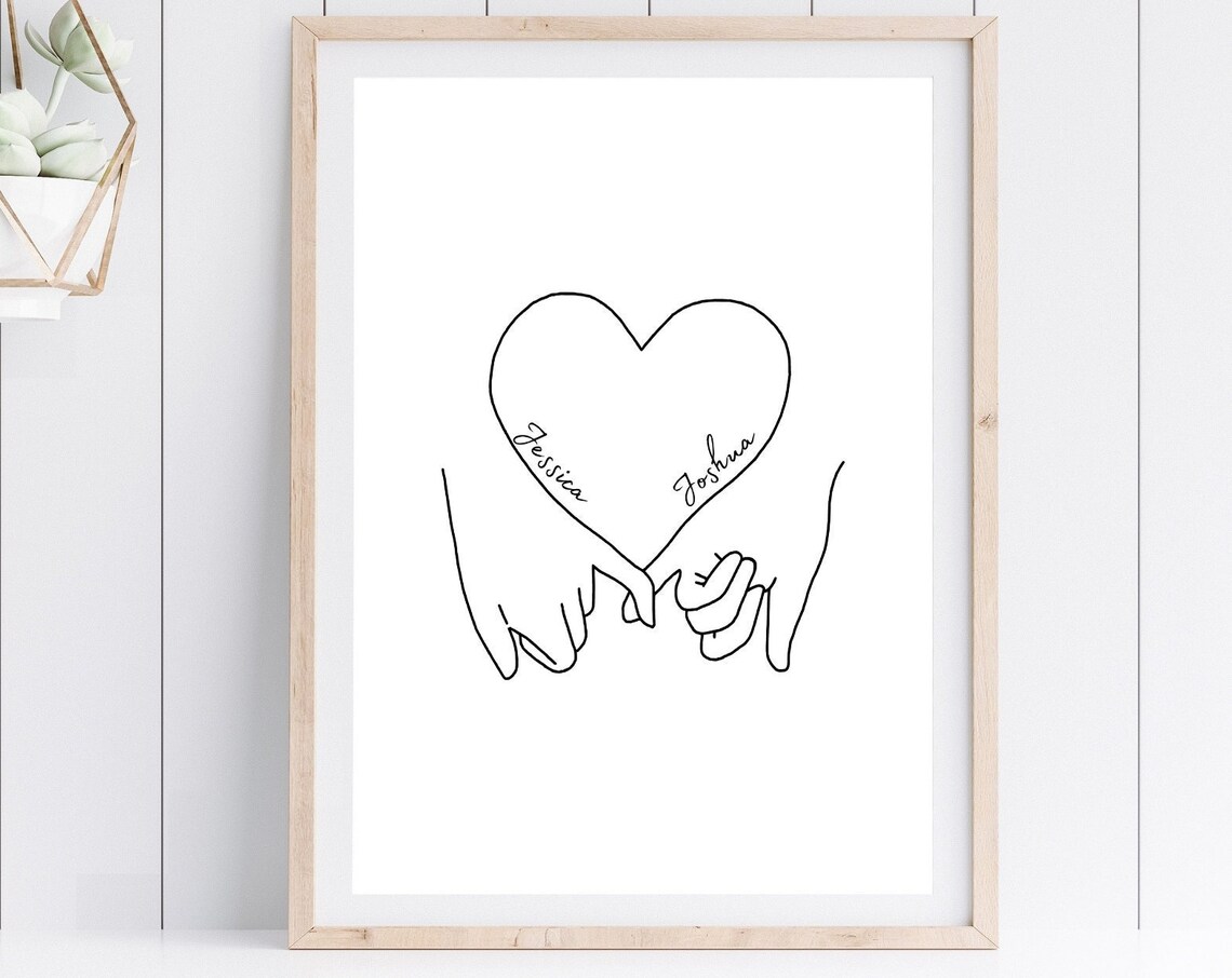 Pinky Promise Hands Heart Jessica Joshua Couples Line Art Poster