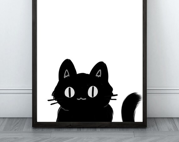 Cute Cartoon Black Cat Big White Eyes Playful Nursery Poster