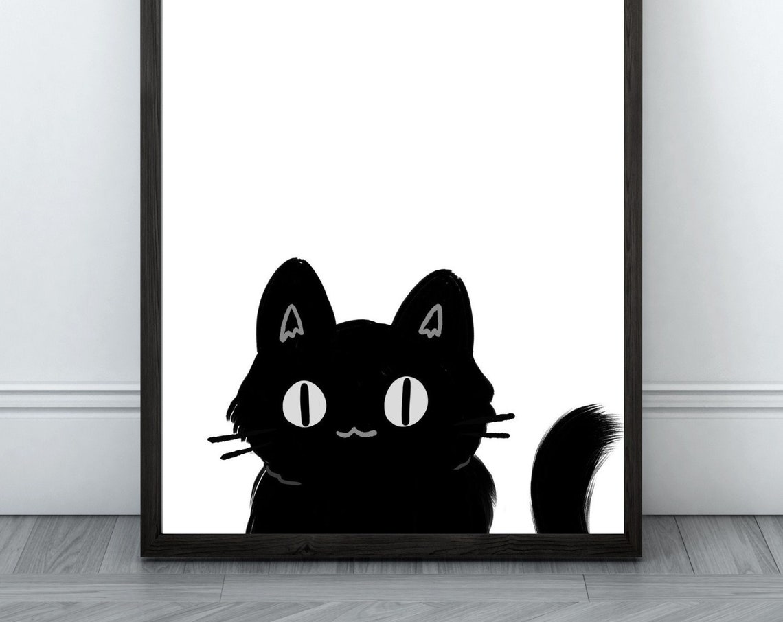 Cute Cartoon Black Cat Big White Eyes Playful Nursery Poster