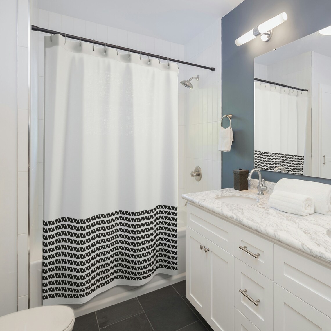 Minimalist Black Triangle Pattern Shower Curtain Grey And White Tribal Bathroom Shower Curtain Graphite Abstract Shapes Bath Curtain - Image 3