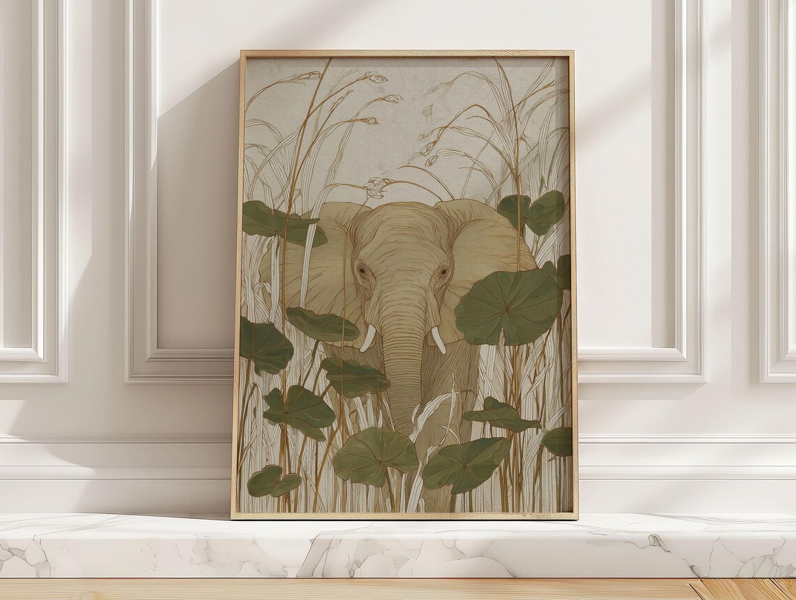 Minimalist Elephant In Tall Grass Poster, Baby Room