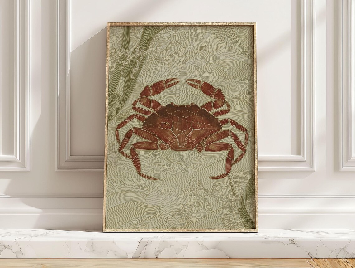 Vintage Red Crab Illustration Japanese Coastal Marine Art Poster