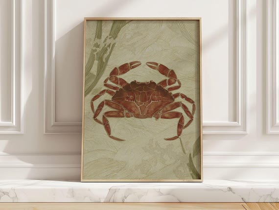 Vintage Red Crab Art Print Modern Coastal Beach House Bathroom Poster Neutral Beige Marine Wall