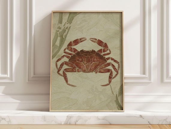 Vintage Red Crab Illustration Japanese Coastal Marine Art Poster