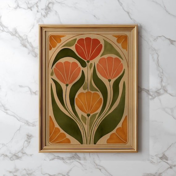Art Nouveau Tulips Burnt Orange Olive Green Vintage Floral Poster
